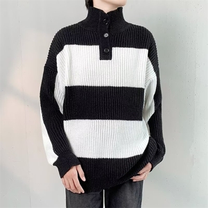 高级感条纹polo毛衣男士秋冬季宽松翻领慵懒针织衫外套 M841图片