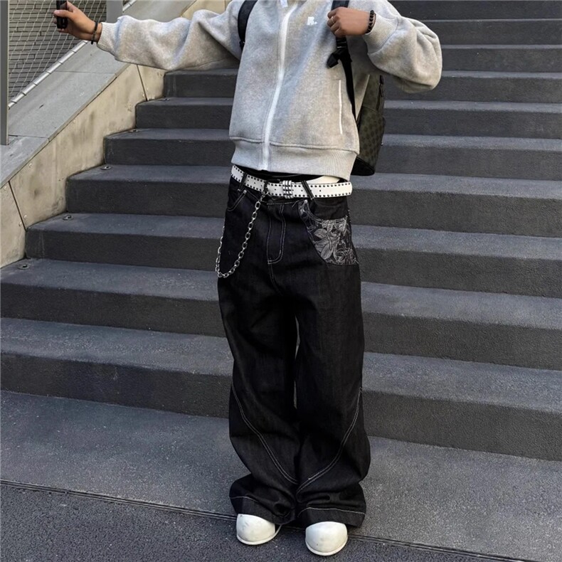 青花瓷提花黑色原牛弯刀牛仔裤男款痞帅高级感裤子垂感宽松阔腿裤,男装牛仔裤,四季星座505