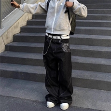 青花瓷提花黑色原牛弯刀牛仔裤男款痞帅高级感裤子垂感宽松阔腿裤，男装牛仔裤，四季星座505