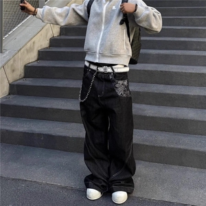青花瓷提花黑色原牛弯刀牛仔裤男款痞帅高级感裤子垂感宽松阔腿裤图片