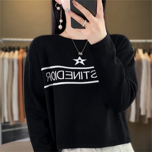 时尚百搭黑色星星图案羊毛针织衫 显瘦修身长袖毛衣女款图片