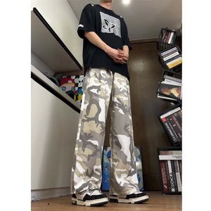 卡其色高腰迷彩工装牛仔男女2025夏秋季新款美式阔腿休闲裤子图片