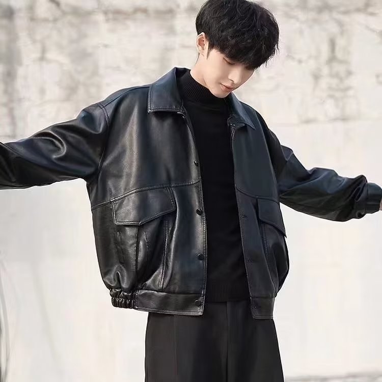 宽松韩版翻领机车服潮牌飞行员皮夹克外套潮1001-1-WJ27-P70图片