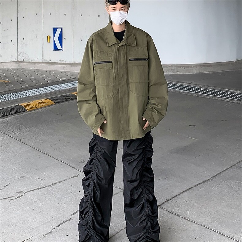 春秋美式chic外套男复古工装夹克军绿色设计感口袋棒球服潮牌,男装夹克,星座716-3