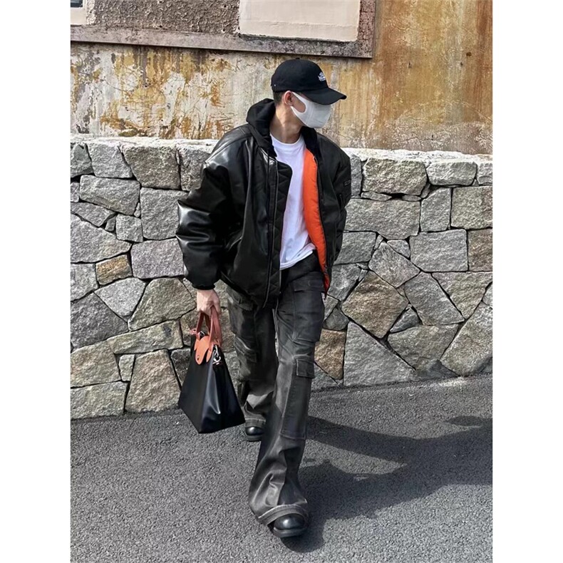 网图有货美式连帽荔枝皮工装棉服男夹克pu皮外套棉衣A204-P120,男装夹克,星座1505
