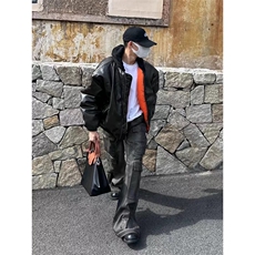 网图有货美式连帽荔枝皮工装棉服男夹克pu皮外套棉衣A204-P120，男装夹克，星座1505