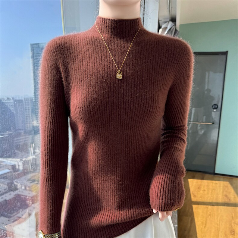 无缝一线抽条山羊绒衫软糯亲肤修身内搭女秋冬羊毛打底半高领毛衣,女装羊绒衫,牧群羊绒