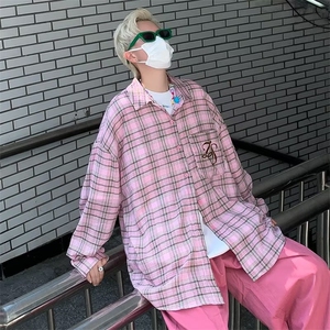 美式粉色ins男女格子衬衫情侣设计感小众防晒长袖格纹衬衣薄图片