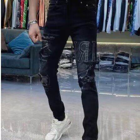 耐磨潮牌夏季新款高街破洞牛仔裤男士补丁字母刺绣修身小脚裤弹力，女装牛仔裤，星座506A