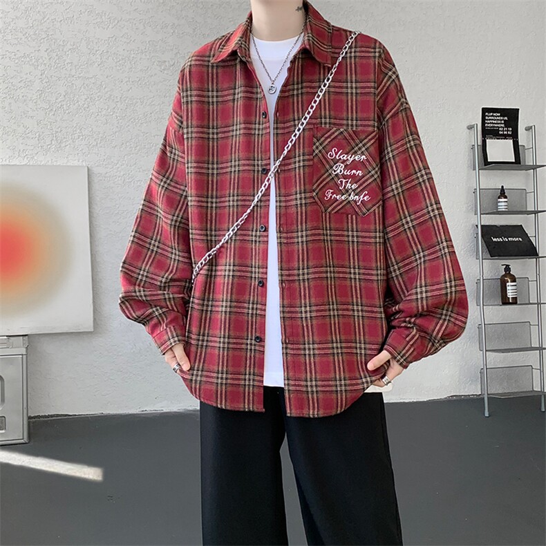 衬衫男秋季新款港风宽松大码刺绣格子衬衣CS121-P35，男装衬衫，星座214-3