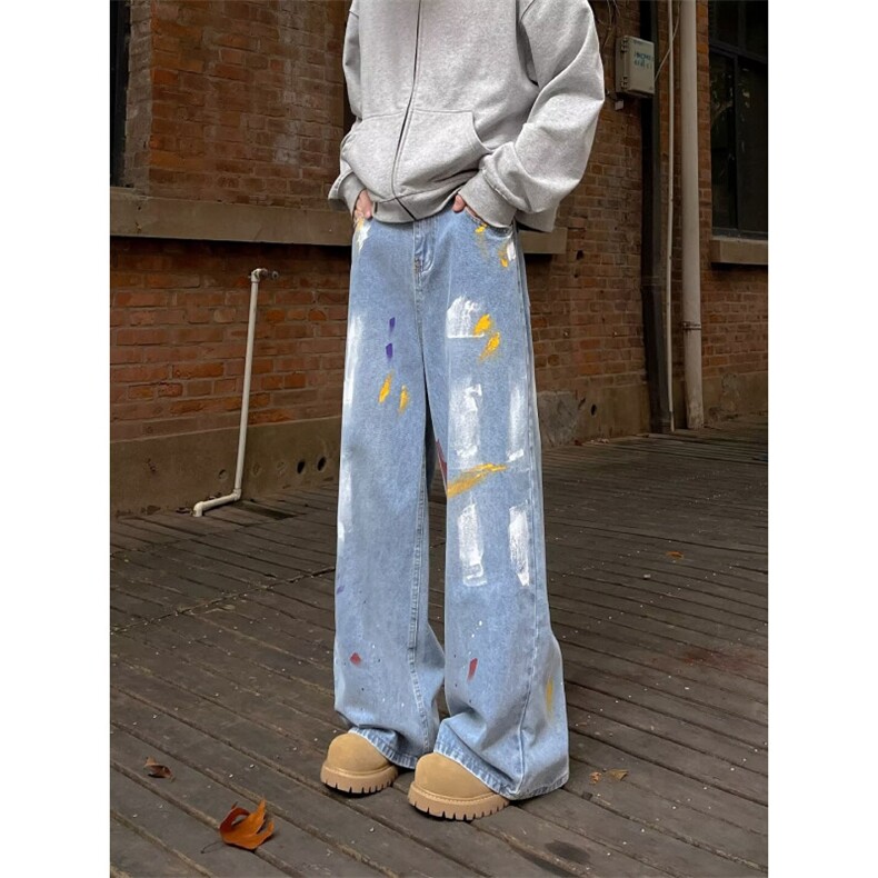 2024美式高街设计感涂鸦牛仔裤做旧水洗泼墨宽松阔腿裤CK1376-P53，男装牛仔裤，星座313A-2