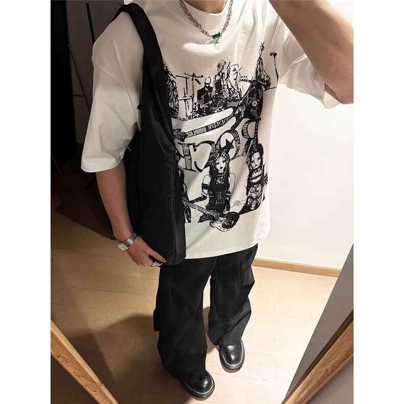 高品质纯棉短袖-宽松落肩款-白墨印花尺码:M-3X,男装T恤,星座506A