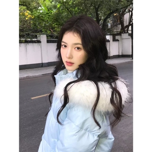 冬季新款ins百搭宽松潮流保暖面包服女美式复古毛领蓝色棉服外套图片