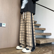 K25102批45控68格子撞色拼条拖地裤秋季新款休闲裤男裤子长裤，男装休闲裤，电商D229A