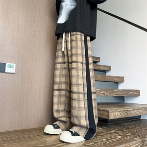 K25102批45控68 格子撞色拼条拖地裤秋季新款休闲裤男裤子长裤图片