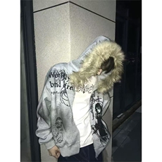 网图有货美式复古毛领拉链开衫涂鸦印花连帽卫衣男女A1281-P66，男装卫衣，星座1505
