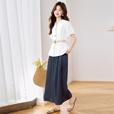 时尚套装女夏季2025新款轻奢高级感法式掐腰衬衫九分阔腿裤两件套，女装套装/套裙，江南富贵女