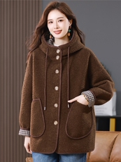 2025冬季时尚简约大方气质优雅显瘦休闲百搭潮流皮毛一体外套，女装羊羔毛/颗粒绒，独衣靓