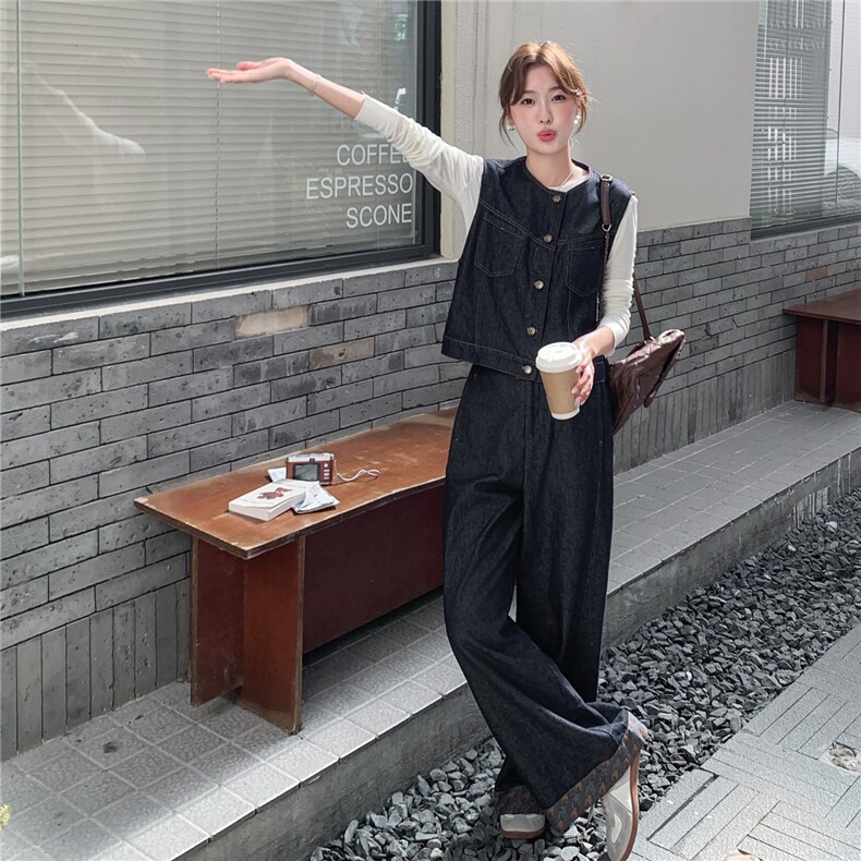 秋季牛仔阔腿裤马甲时尚两件套女，女装套装/套裙，秋水欣儿
