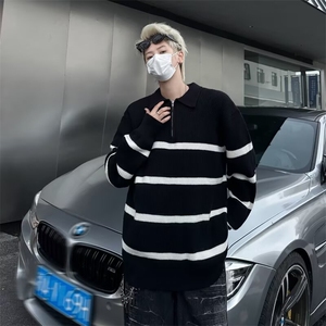 条纹翻领毛衣男美式高街半拉链设计套头针织衫秋设计感上衣M7168图片