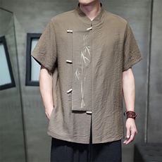 风（折枝金竹）棉麻混纺拼接绣花木头扣宽松立领短袖衬衫，男装T恤，星座305A（原312A-1）
