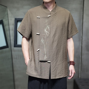 风（折枝金竹）棉麻混纺拼接绣花木头扣宽松立领短袖衬衫图片