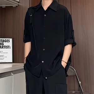 C9040/P35衬衫冰丝短袖宽松男生上衣衬衣男衬衫七分袖可调节图片