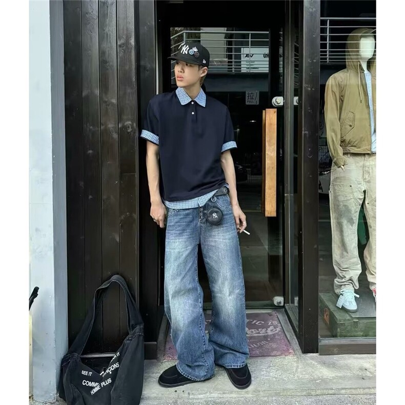 2025美式复古假两件polo衫T恤潮牌格子拼接宽松上衣HTA202-P45,男装T恤,星座208-5