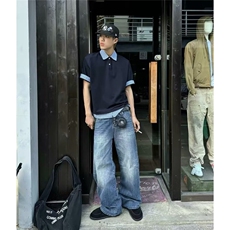 2025美式复古假两件polo衫T恤潮牌格子拼接宽松上衣HTA202-P45，男装T恤，星座208-5