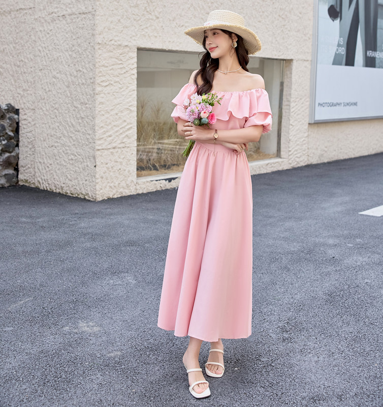 粉色泡泡袖一字肩连衣裙女长款2025夏季新款宽松甜美温柔风初恋裙,女装连衣裙,美静678