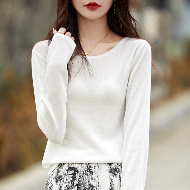 2025新款春秋一字领打底衫女长袖薄款针织衫天丝纯色修身百搭上衣，女装蕾丝衫/雪纺衫，东远绒业