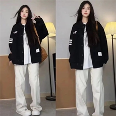 高街学院风边条开衫棒球服外套女春秋款宽松百搭慵懒风长袖上衣，女装短外套，星座506A