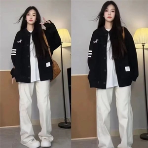高街学院风边条开衫棒球服外套女春秋款宽松百搭慵懒风长袖上衣图片