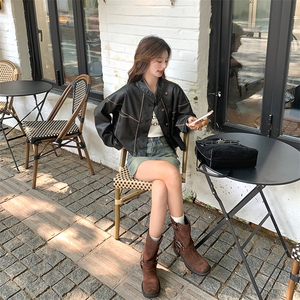 美拉德皮衣外套女小个子2024秋季新款美式复古棕色立领短款皮夹克图片
