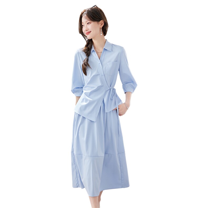《现货26夏上新》蓝色气质收腰衬衫+半裙伞裙显瘦两件套女,女装套装/套裙,苗苗