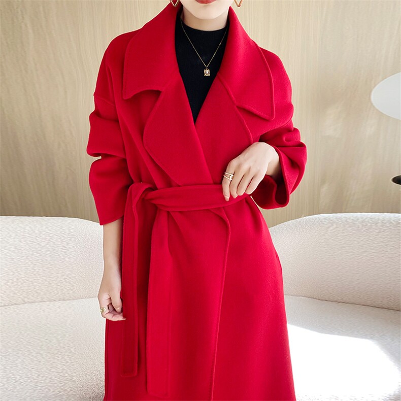 秋冬季羊毛时尚休闲大翻领无扣腰带中长款大衣，女装双面呢大衣，温贝尔羊绒大衣