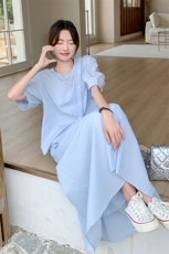 温柔穿搭时尚蓝色衬衫薄款套装长裙女夏新款洋气别致半身裙两件套，女装套装/套裙，2C176