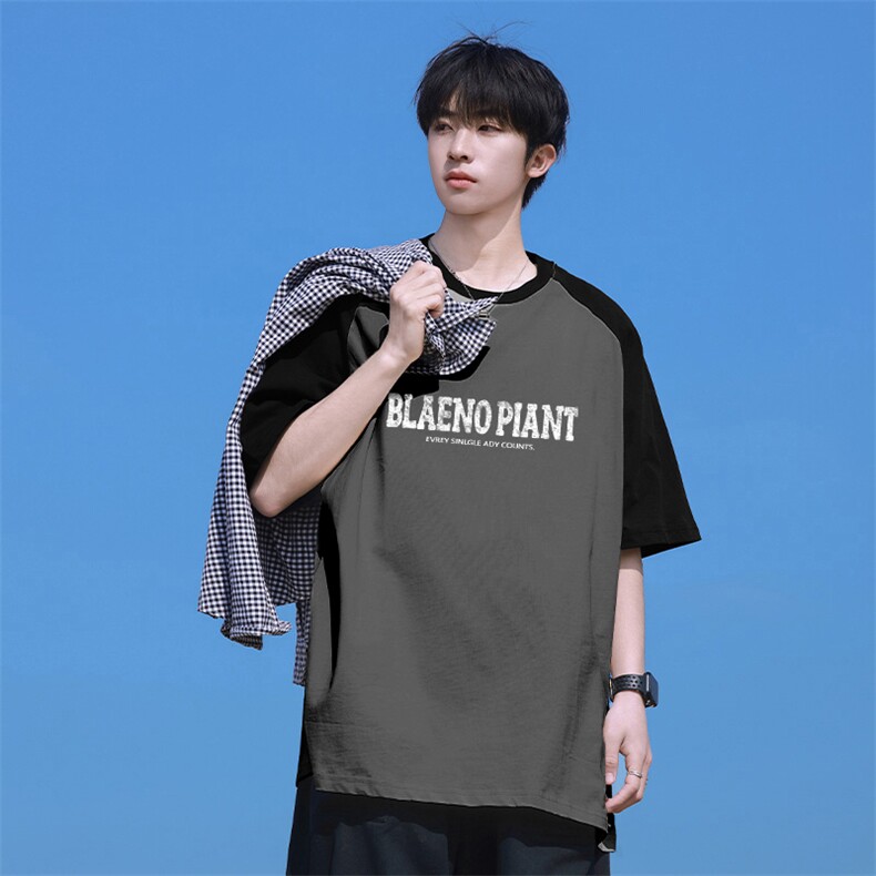 抖音得物高品质二开240克宽松纯棉美式潮牌插肩袖拼接短袖T恤，男装T恤，电商A486