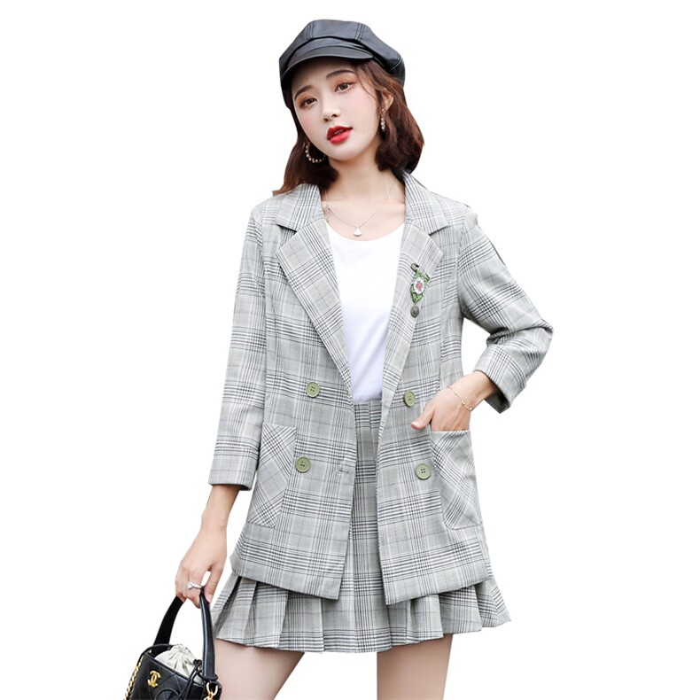 2021春秋款新款复古格子灰色西装外套女韩版修身小勋章西服套装,女装套装/套裙,瑶迪依秀
