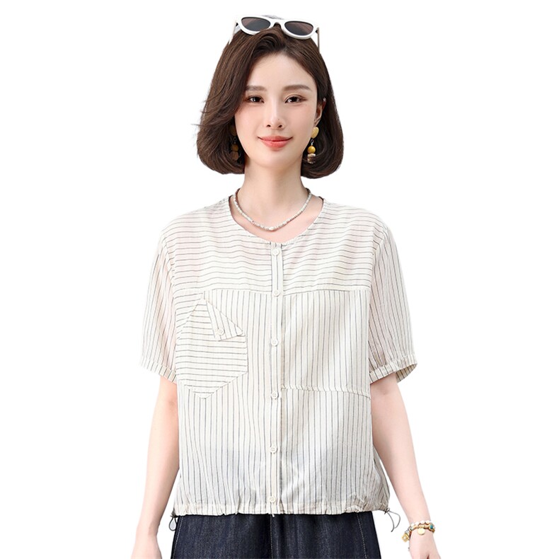 纯棉薄款衬衣中袖夏季新款韩版竖条纹短袖衬衫女清新气质减龄上衣,女装衬衫,叶笙衣