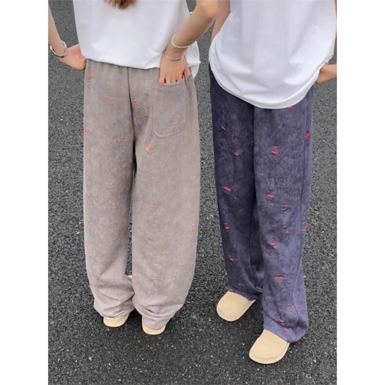 现货~重磅撞色休闲卫裤潮流破洞宽松百搭直筒裤KZ9874P55,男装休闲裤,星座908-1