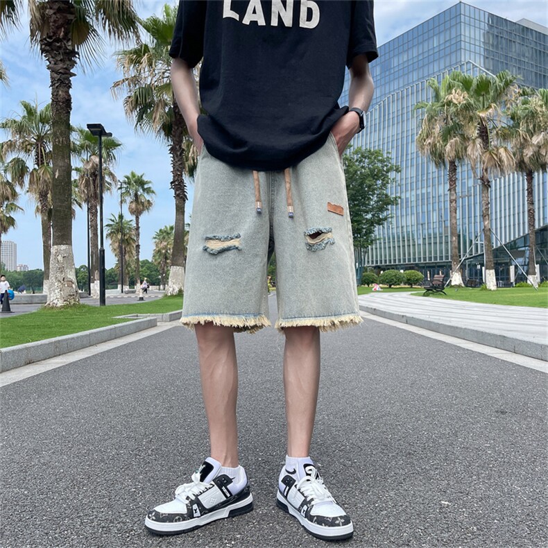 美式破洞牛仔短裤男夏季ins宽松直筒五分裤潮牌毛边中裤D9122-p30,男装牛仔裤,星座1008