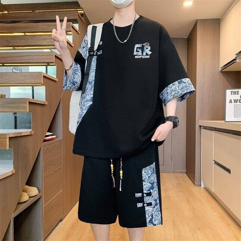 TZ25302-P55夏季休闲T恤短裤男两件套港风学生宽松短袖运动套装,男装牛仔裤,电商D310B