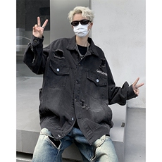WASSUPHAPPY破洞牛仔夹克男春秋季美式复古宽松做旧休闲工装外套，男装工装外套，星座1008-1