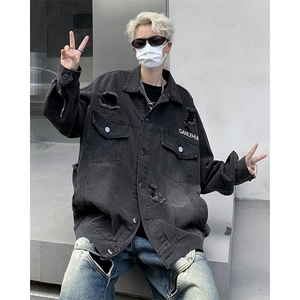 WASSUP HAPPY破洞牛仔夹克男春秋季美式复古宽松做旧休闲工装外套图片