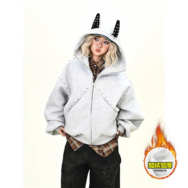 480G重磅加绒硬挺boxy男女美式高街卫衣铆钉杜宾犬耳朵开衫厚外套，女装短外套，电商A486-1