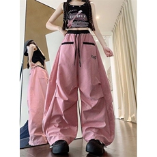 多巴胺休闲裤女格子褶皱感工装裤夏季慵懒宽松弯刀裤K6501-P49，男装工装外套，星座412-2