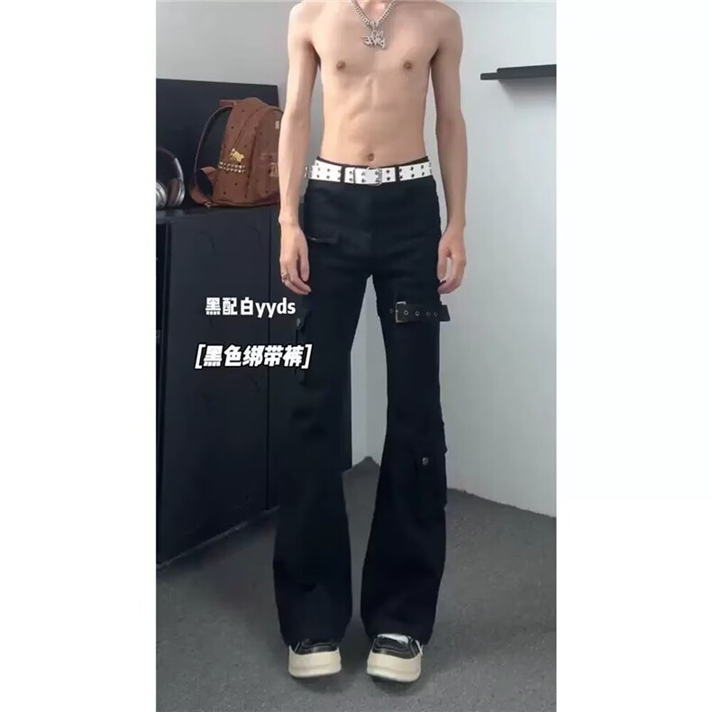黑色vibe绑带微喇工装牛仔裤男cleanfit美式高街修身喇叭裤子,男装牛仔裤,星座601-1