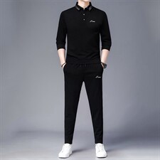 2023春秋季新款翻领长袖T恤上衣男套装中青年商务休闲男装两件套，男装休闲套装，电商B212（原钱塘6029）