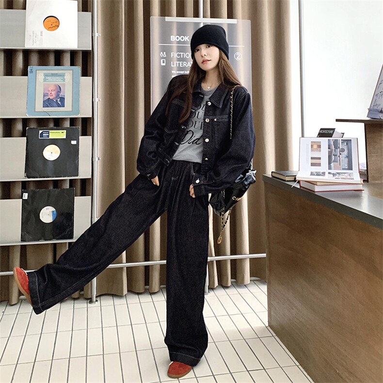 现货：秋装新款休闲百搭减龄阔腿裤牛仔套装2C135-6819P185K258，女装套装/套裙，2C135